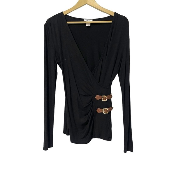 Cache Black Faux Wrap Brown Buckle Side Long Sleeve Shirt Size Medium - Picture 1 of 5